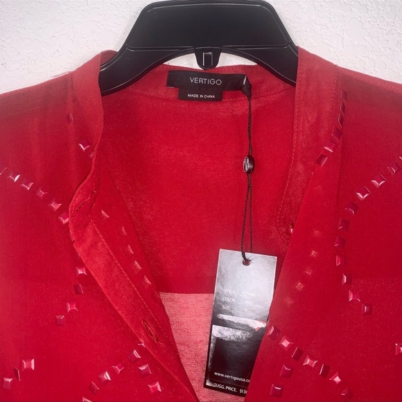 Vertigo Red studded sleeveless blouse semi sheer button down size small - Picture 7 of 13